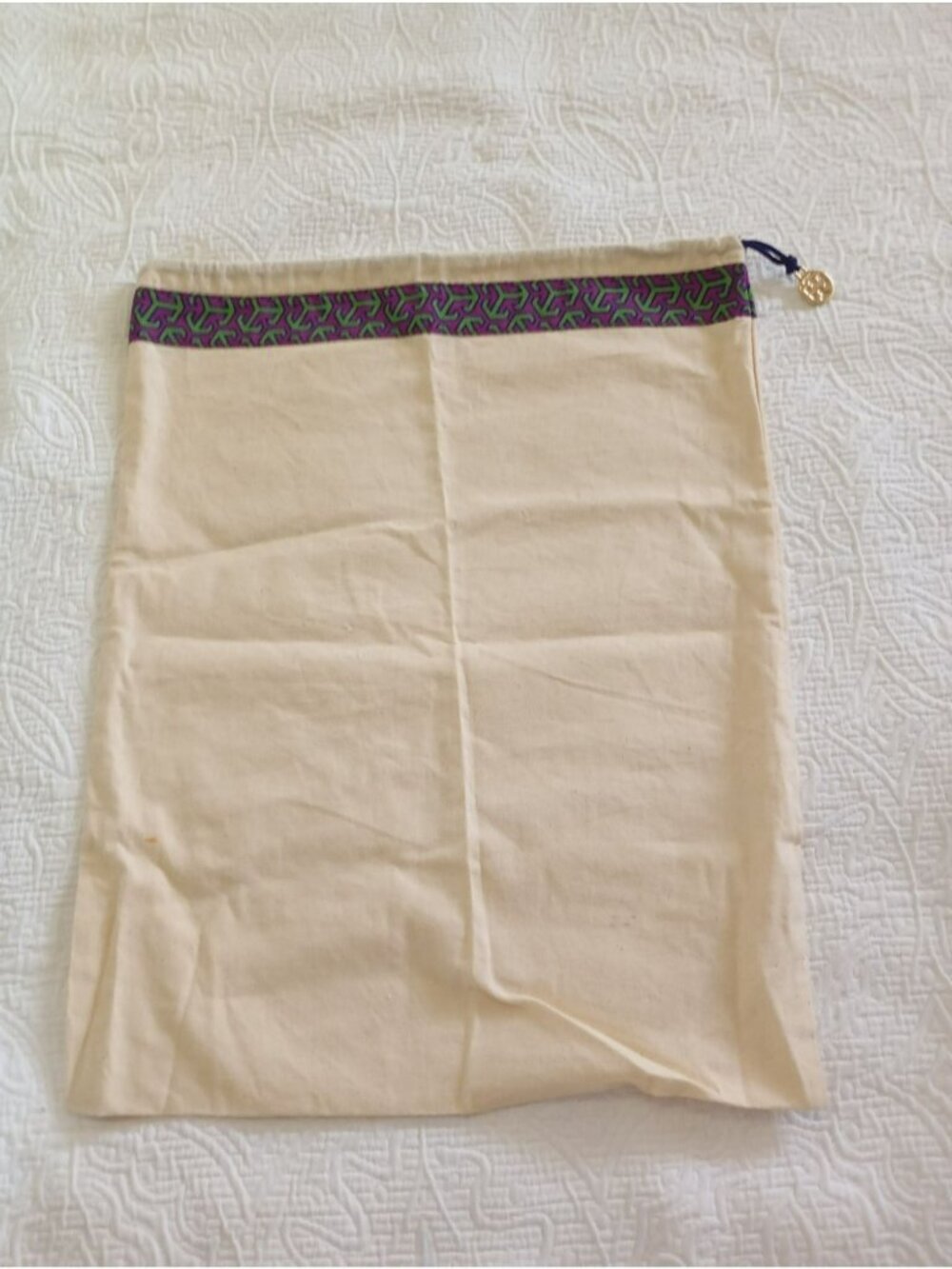 Tory Burch Drawstring Canvas Dust Bag Geometric Trim & Gold Logo Charm 13"x17"